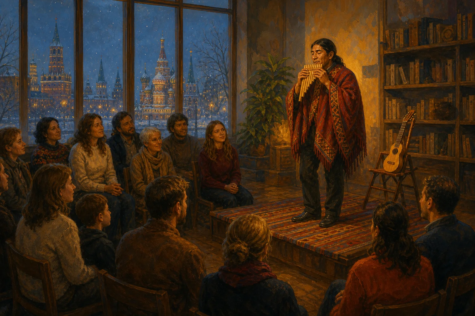 Andean musician performs before a Moscow audience on a winter night