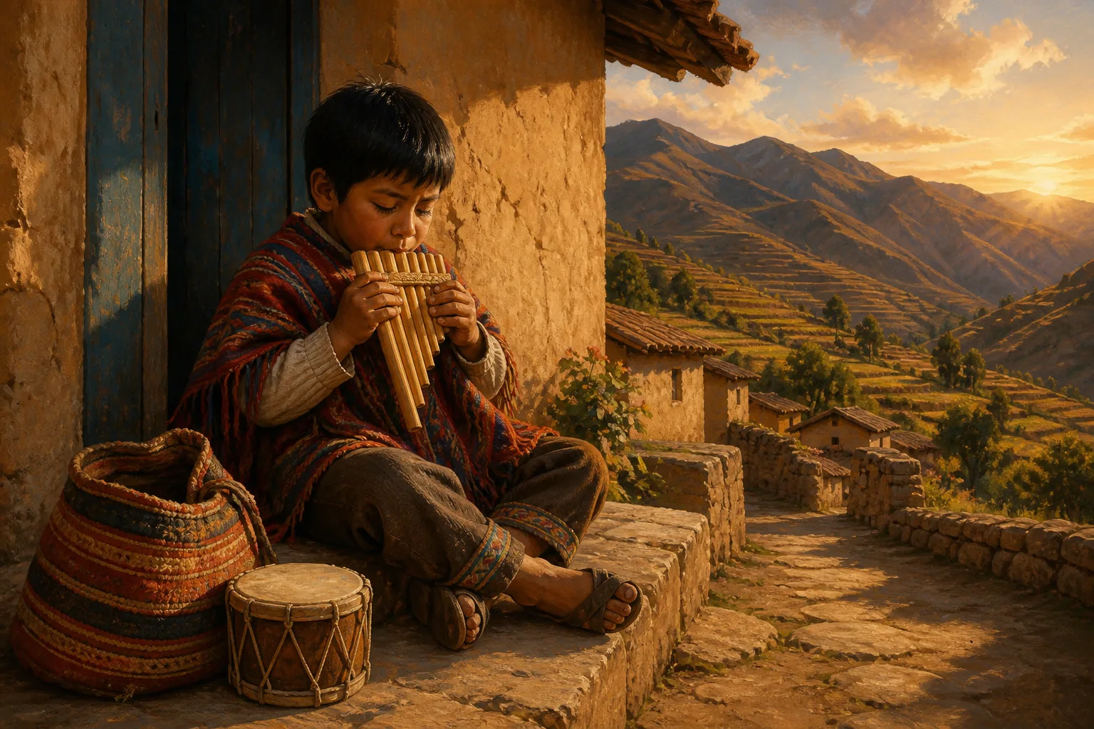 Peruvian boy practices the zampoña next to an adobe house and a landscape of Andean terraces