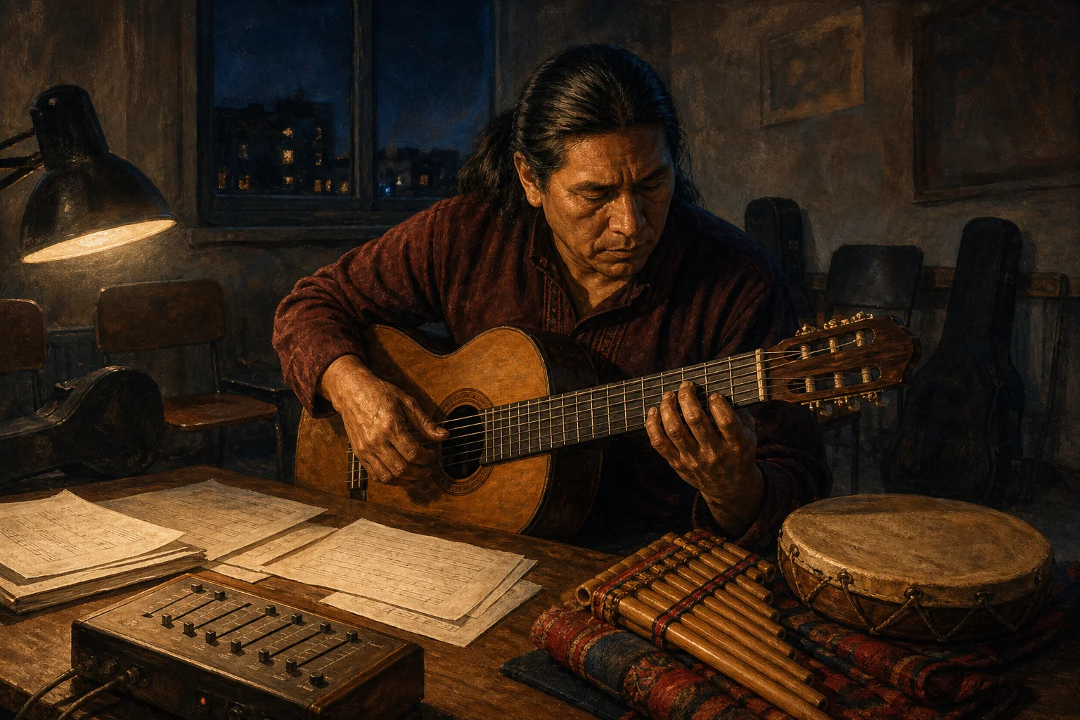 A Peruvian musician practises guitar at night beside his zampoña and drum