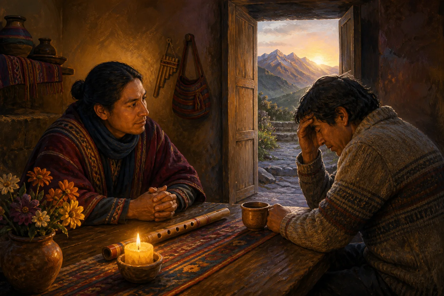 Robert listens attentively to a person next to a quena, a candle and an open door towards the mountains