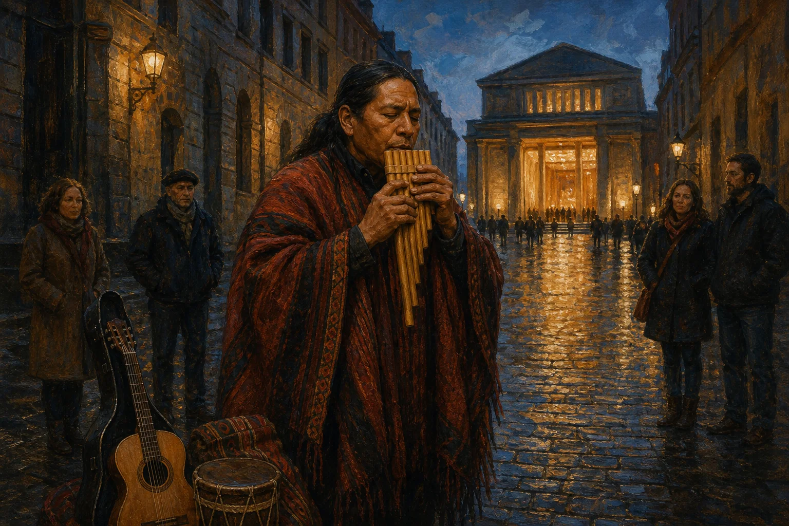 An Andean musician plays the zampoña in the street before the lights of a concert hall