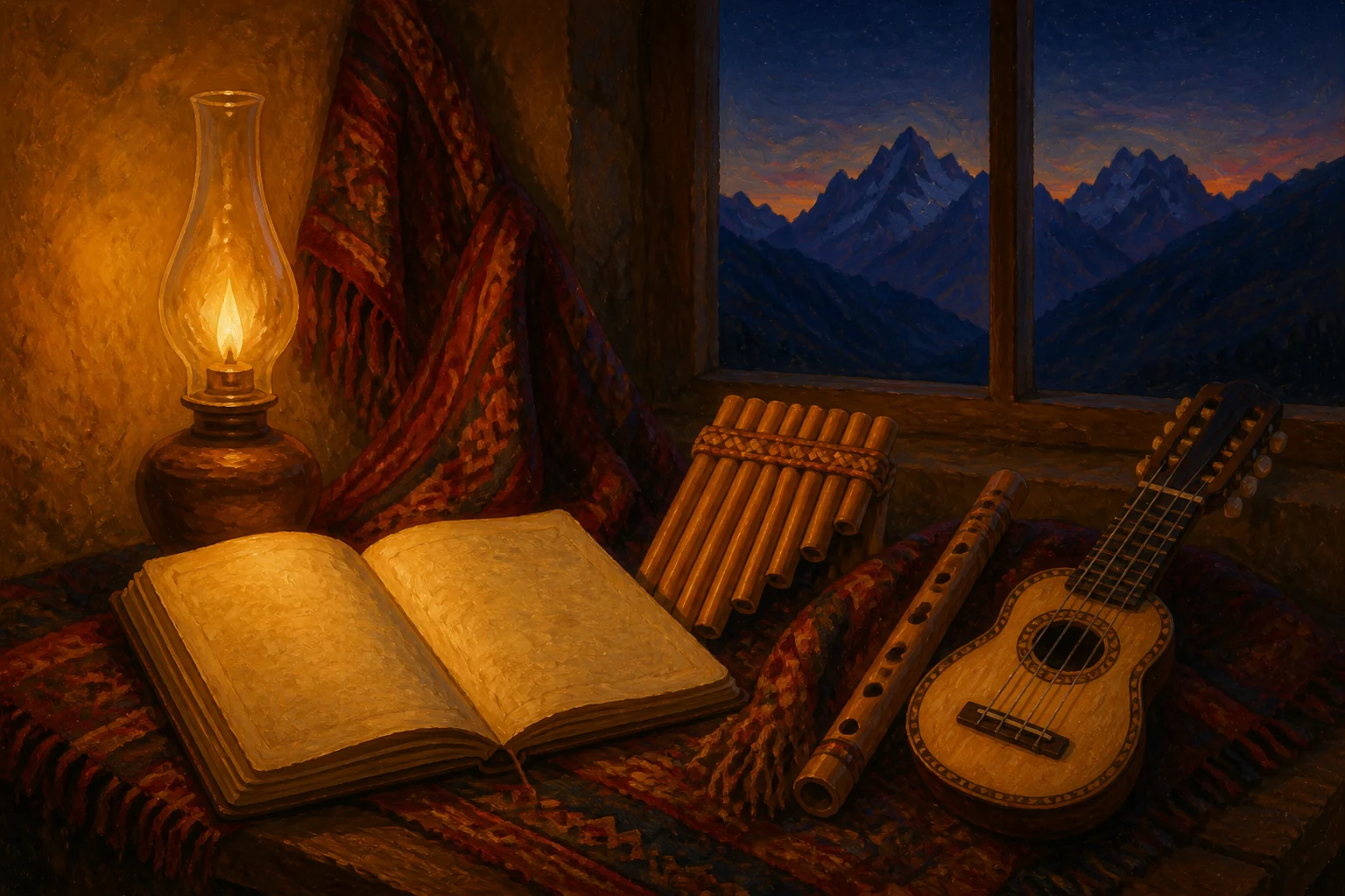 Notebook, zampoña, quena and charango next to a window towards the mountains