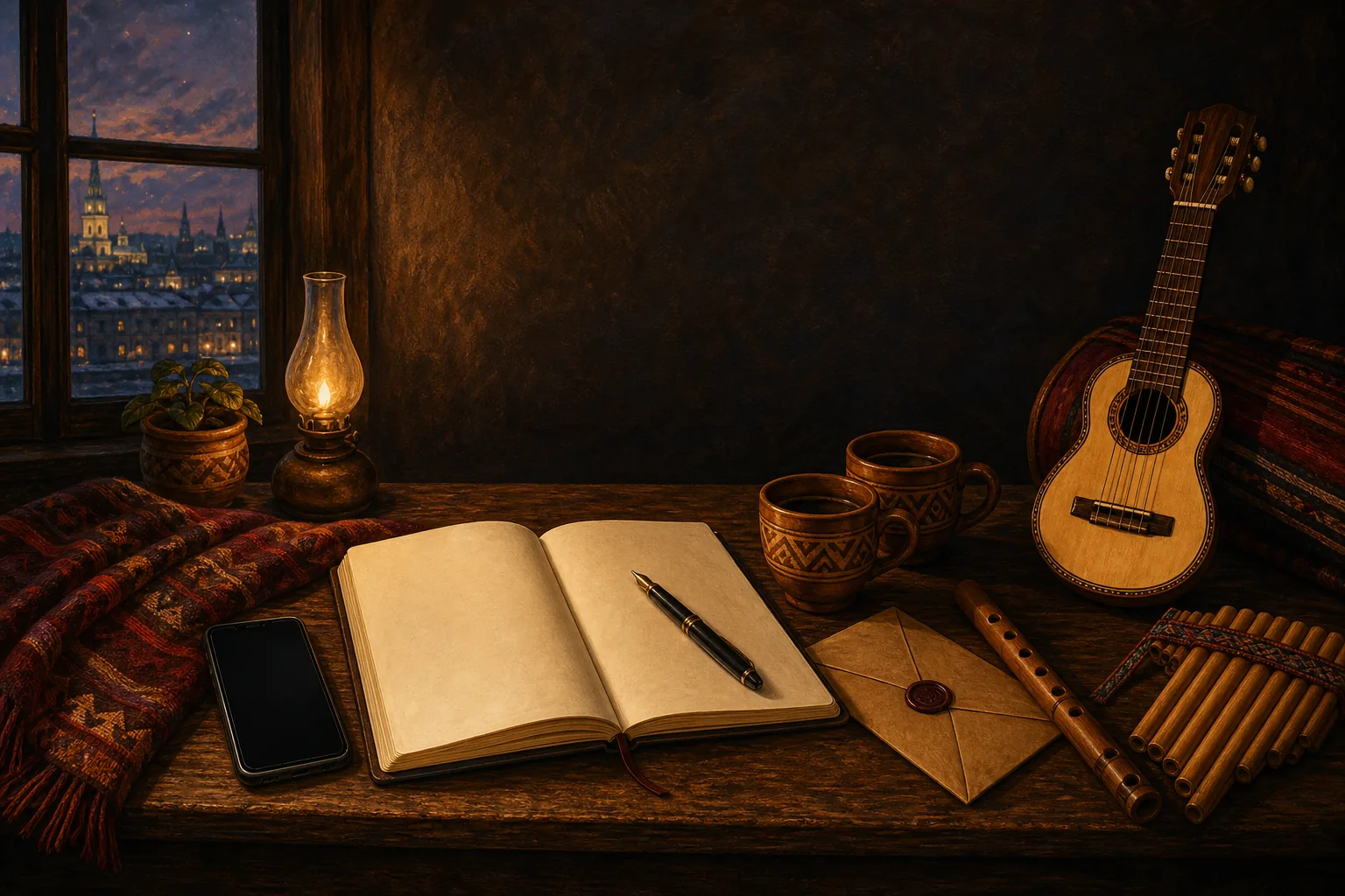 Open notebook, message, quena, zampoña and charango prepared for a conversation