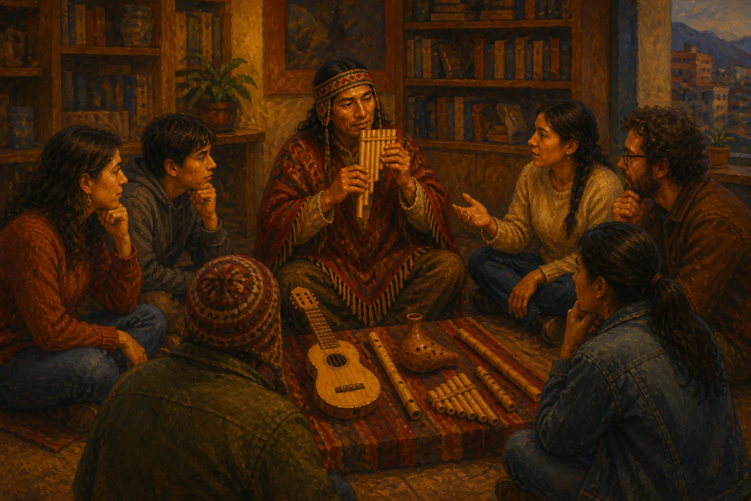 Educational workshop on Andean instruments in a library or cultural center