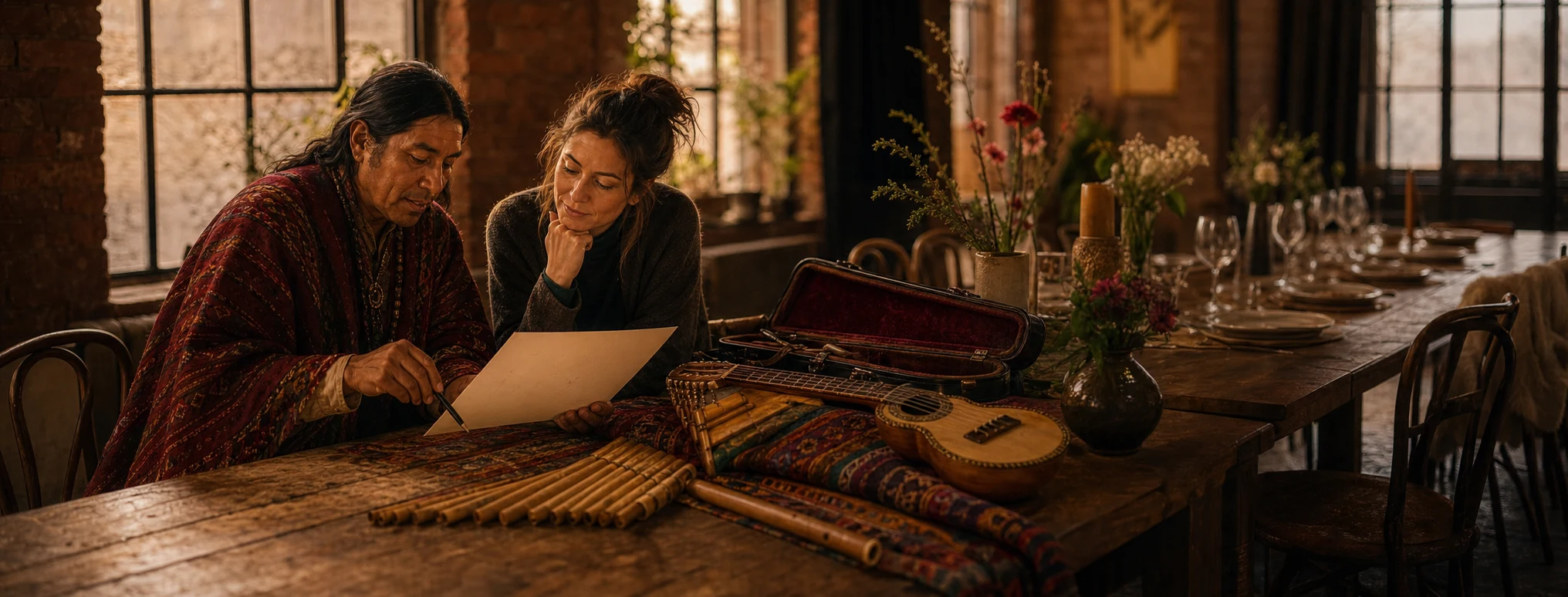 Musician and hostess prepare together the order of a private celebration