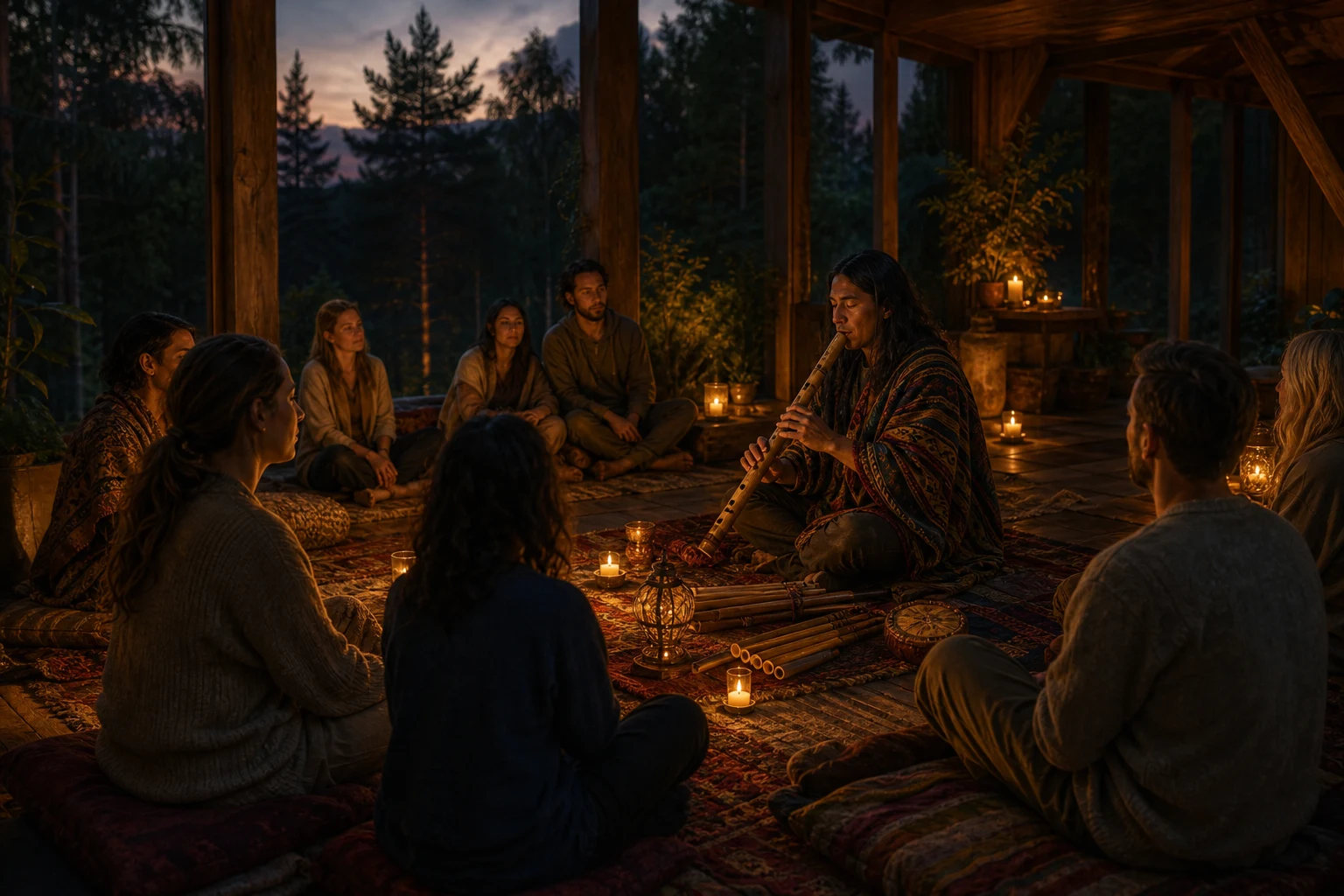 Andean musician plays a flute for a listening group at a retreat