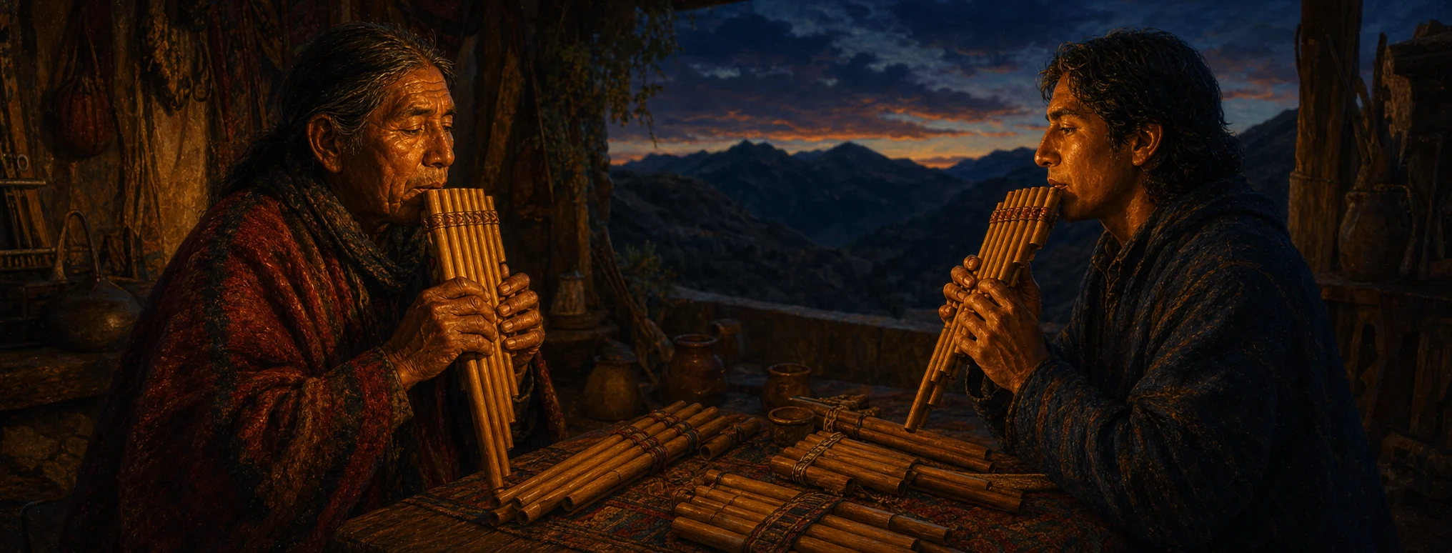 Two musicians practice a musical dialogue with sikus