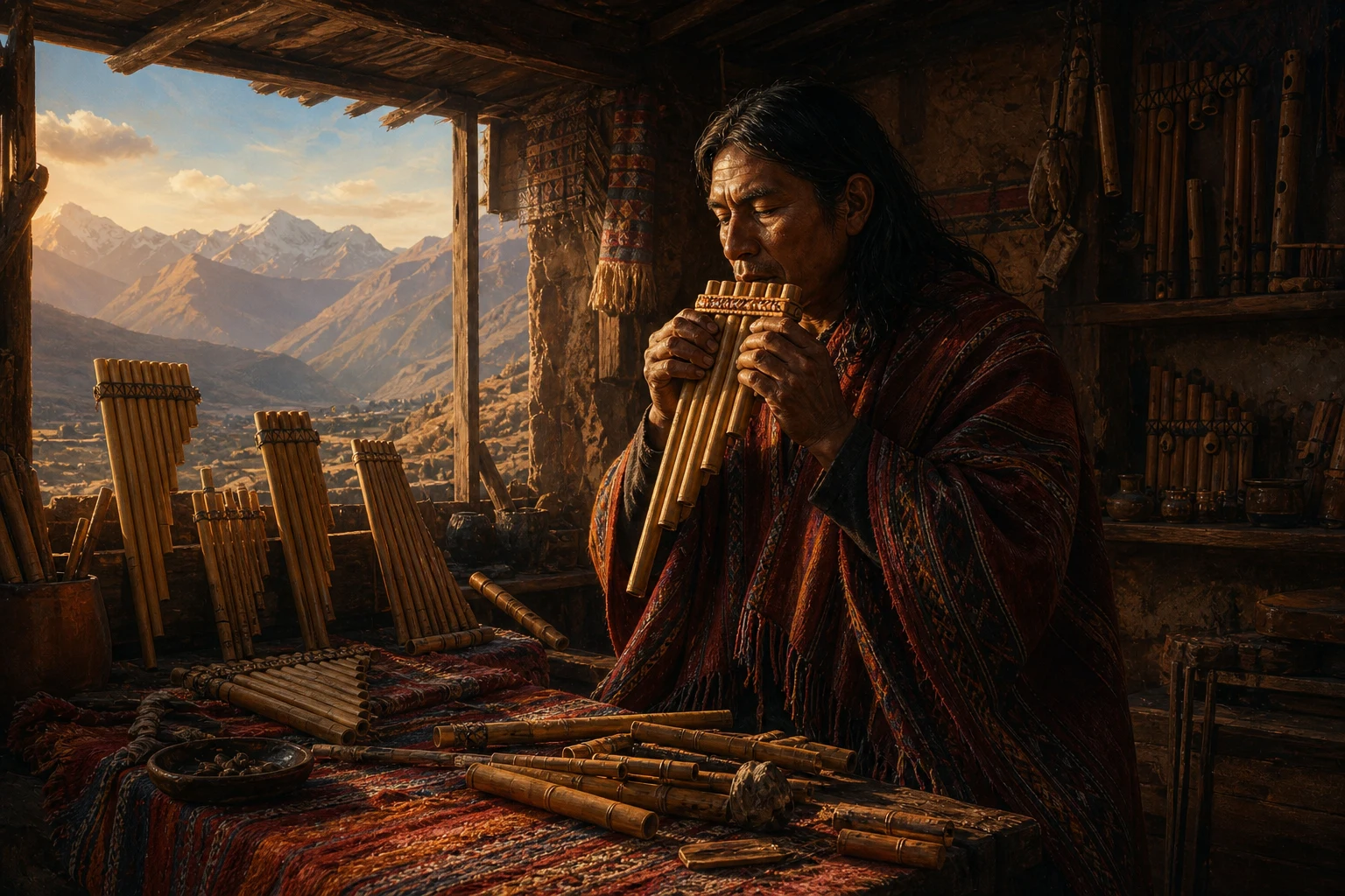Andean musician tries a siku between different panpipes