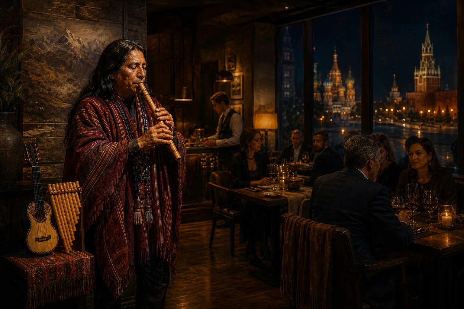Peruvian musician plays the quena in a Moscow restaurant