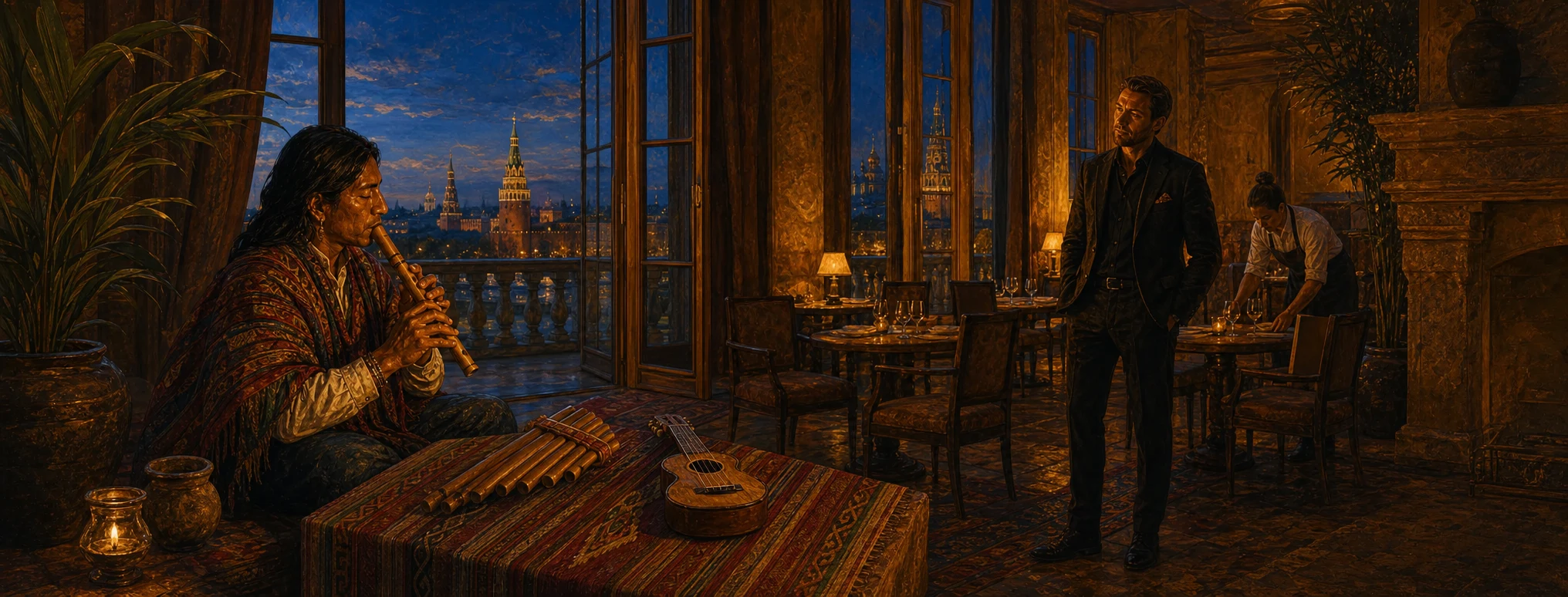 Acoustic test by an Andean musician before opening a restaurant