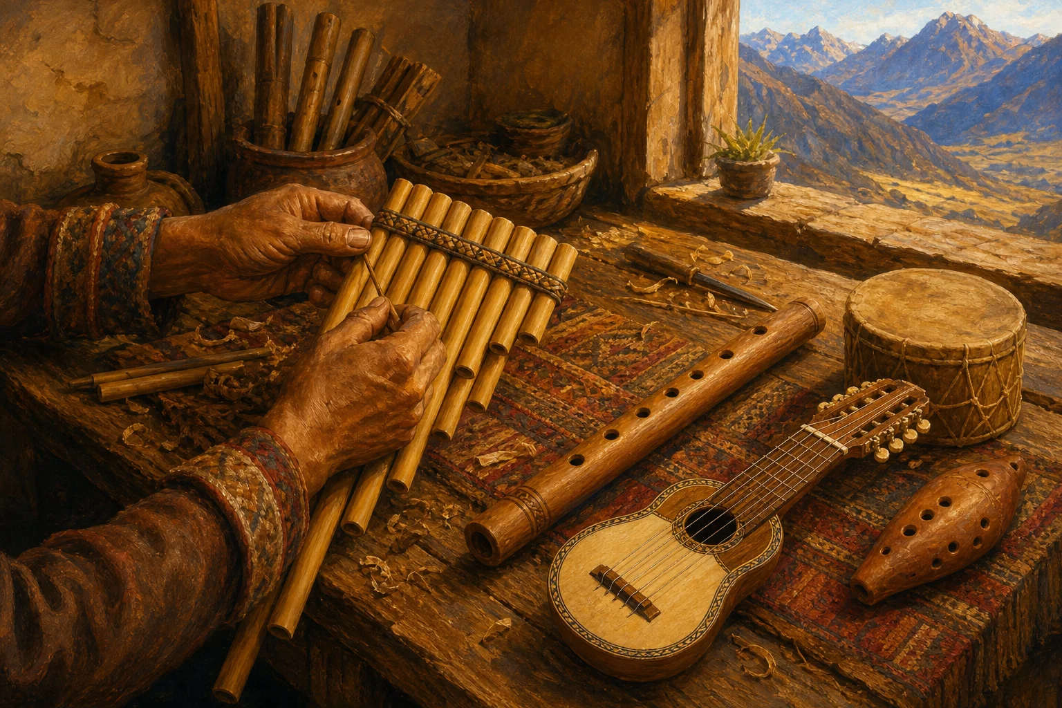 Manos de un artesano afinan una zampoña entre instrumentos andinos