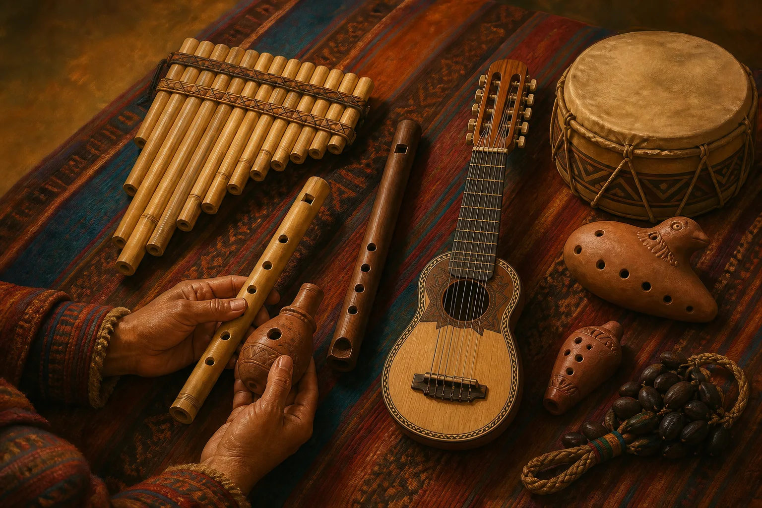 Zampoña, quenas, charango, ocarinas, tambor y sonajas dispuestos sobre un tejido andino