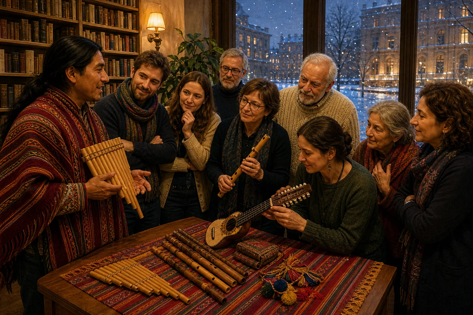 Robert muestra instrumentos andinos a un grupo de oyentes después de un concierto en Moscú