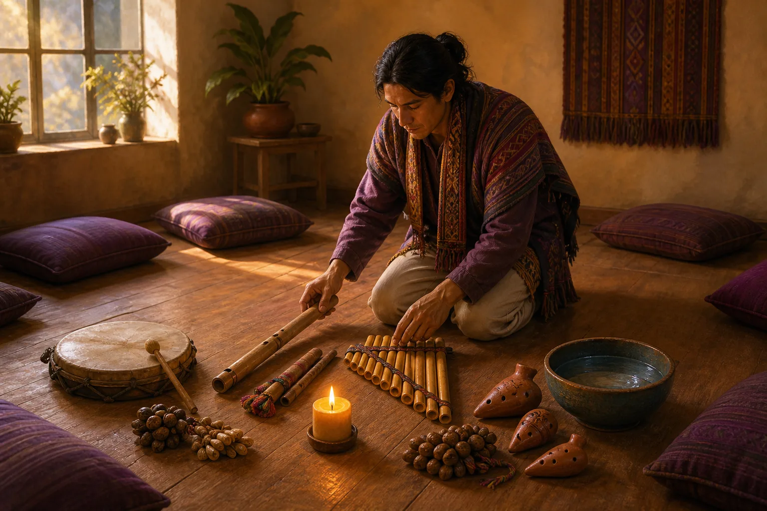 Robert prepara flautas, ocarinas, percusión, agua y cojines antes de un encuentro de Sound Healing