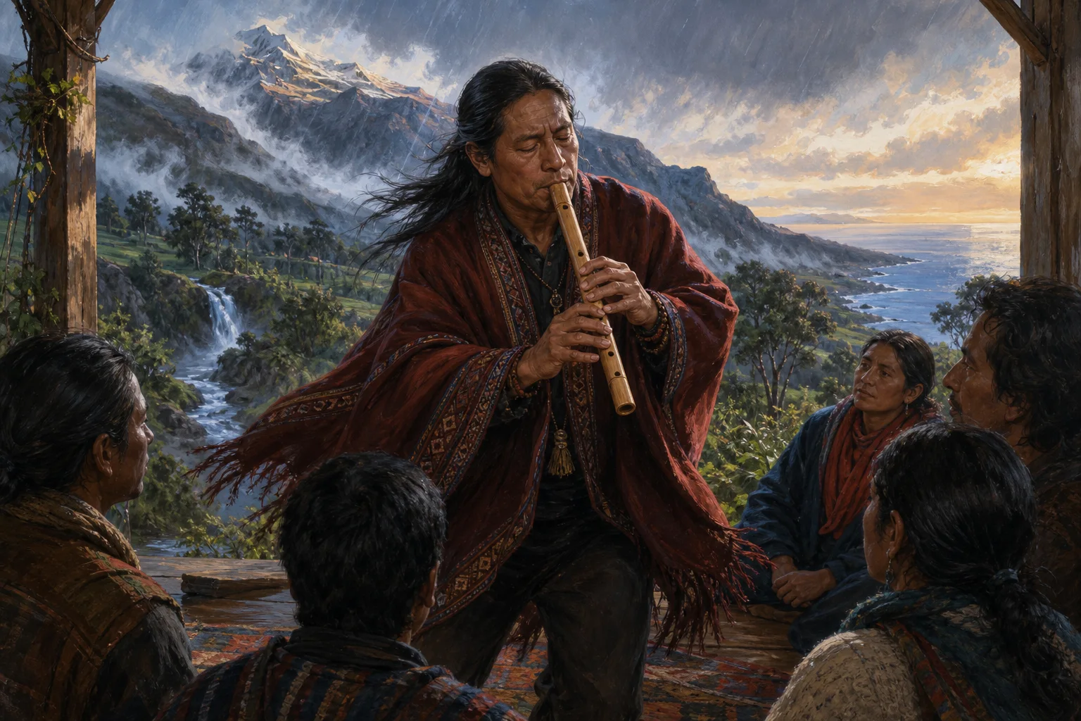 Músico peruano toca la quena mientras el viento, la lluvia, el agua y el paisaje acompañan su interpretación