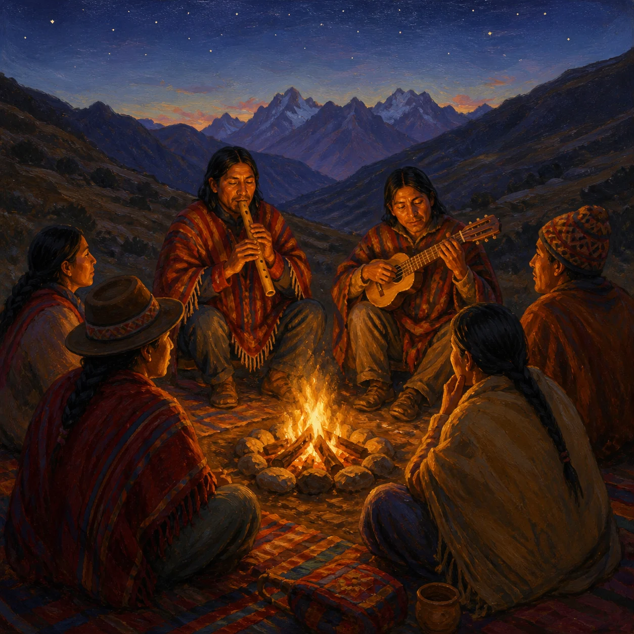 Músicos andinos comparten una velada con quena, zampoña y charango