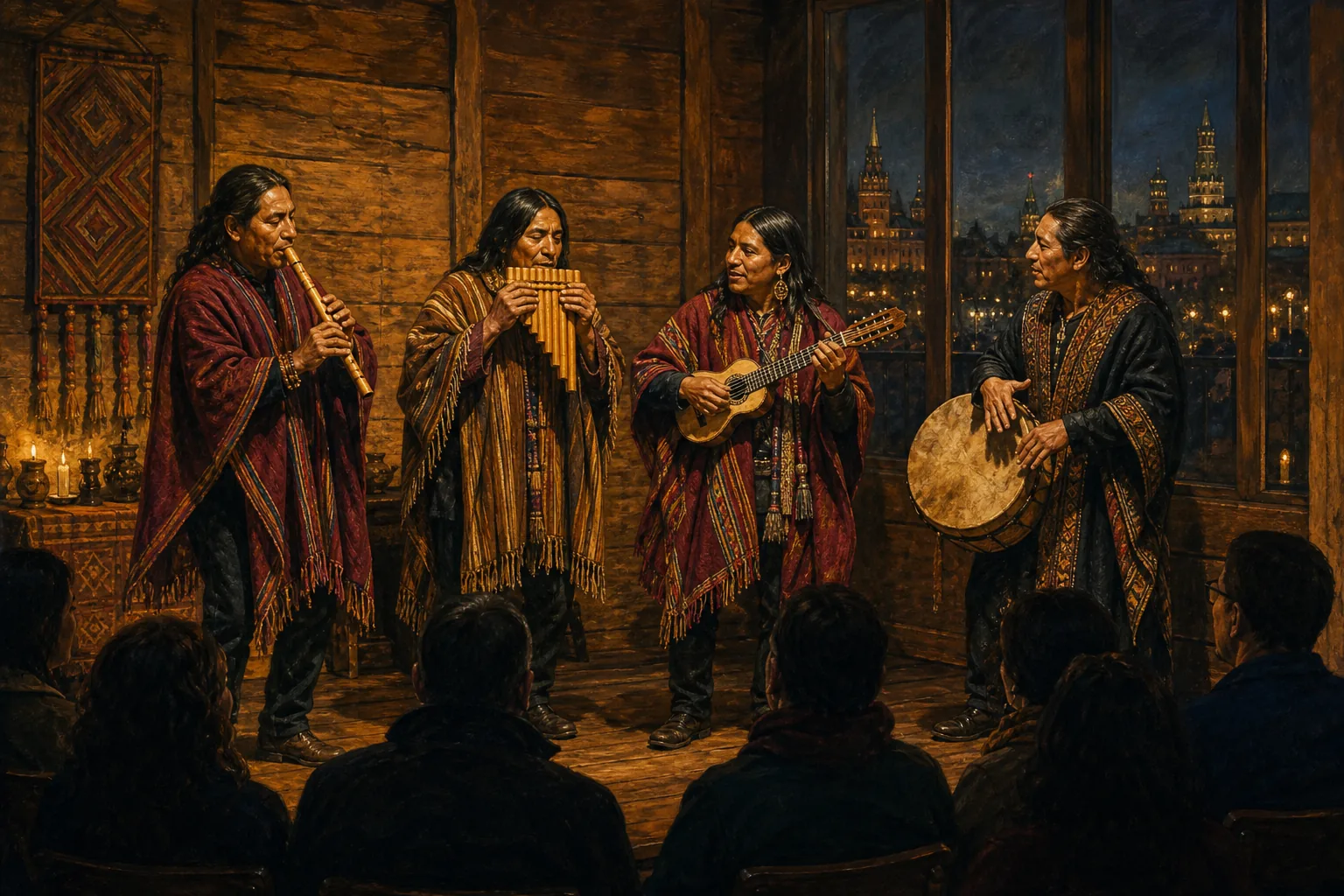 Conjunto andino actúa con quena, zampoña, charango y tambor ante público en Moscú