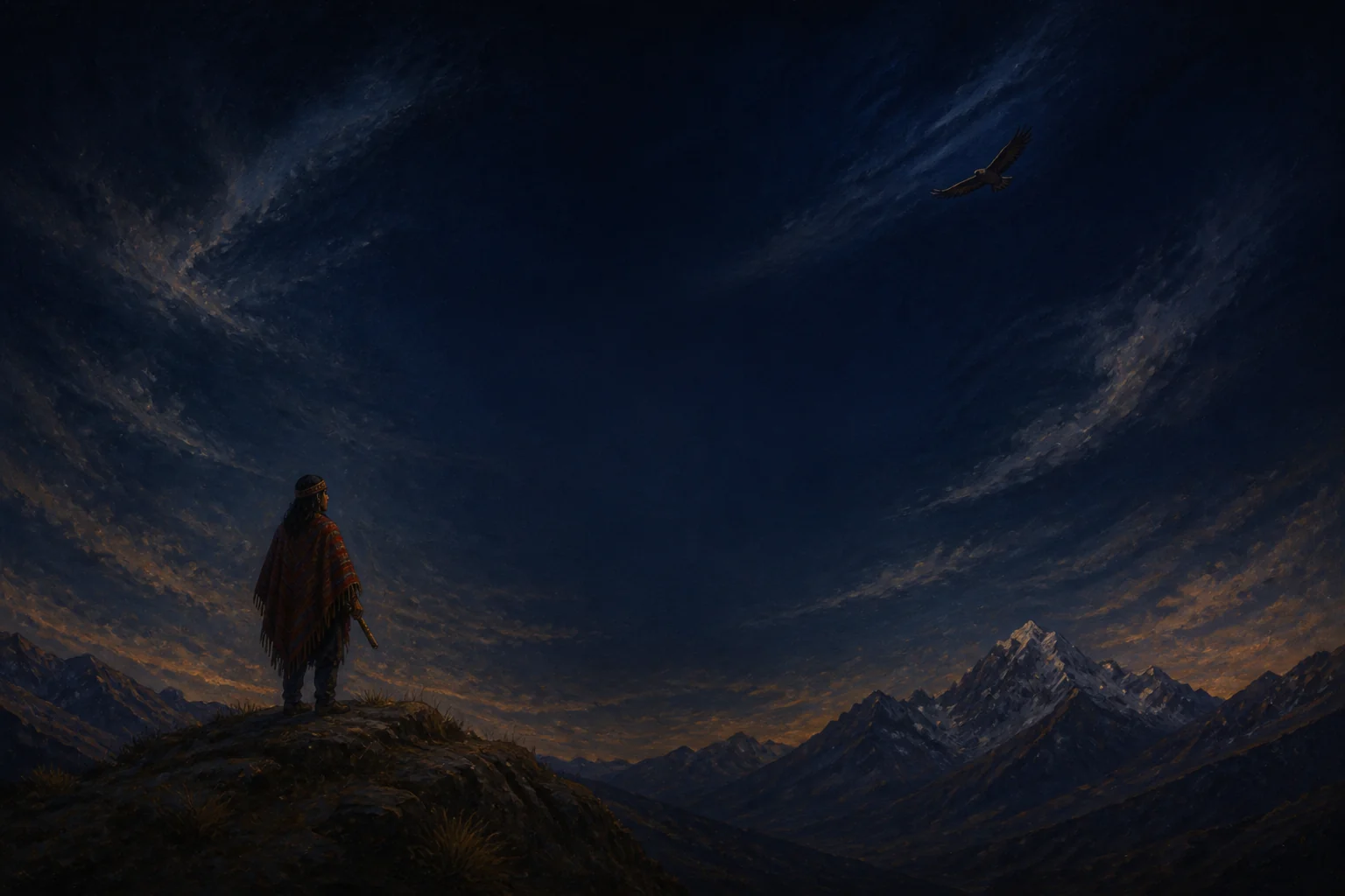 Músico contempla las montañas mientras un halcón cruza el cielo