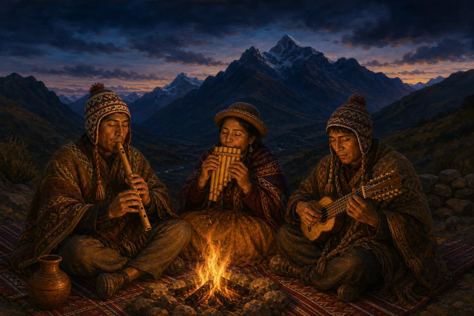 Ensamble de quena, zampoña y charango comparte música al atardecer en los Andes
