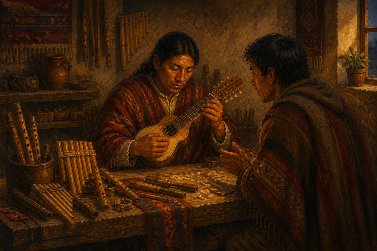 Maestro artesano consulta un charango en un taller de instrumentos andinos