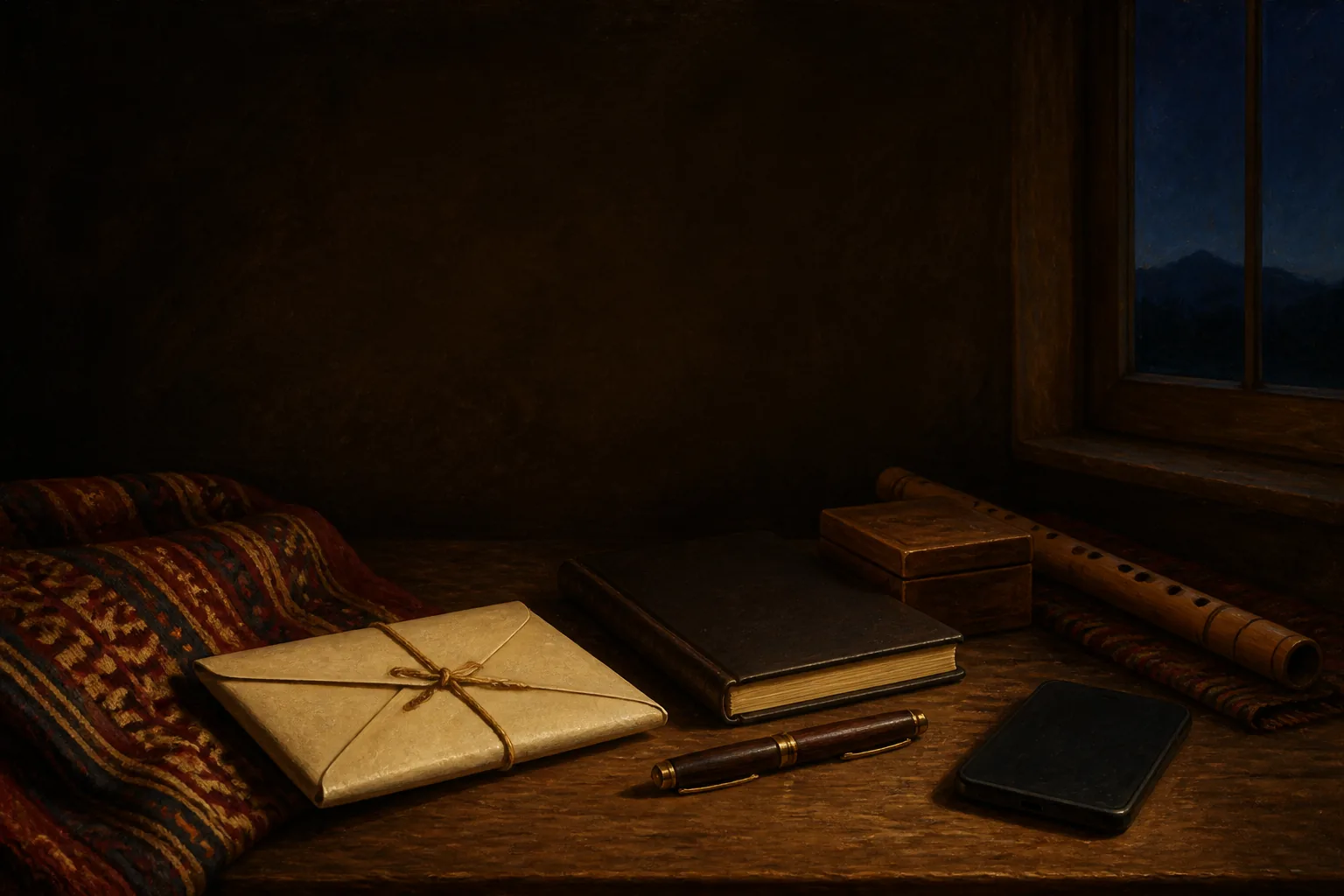 Mensaje sellado, cuaderno cerrado, teléfono y quena sobre una mesa